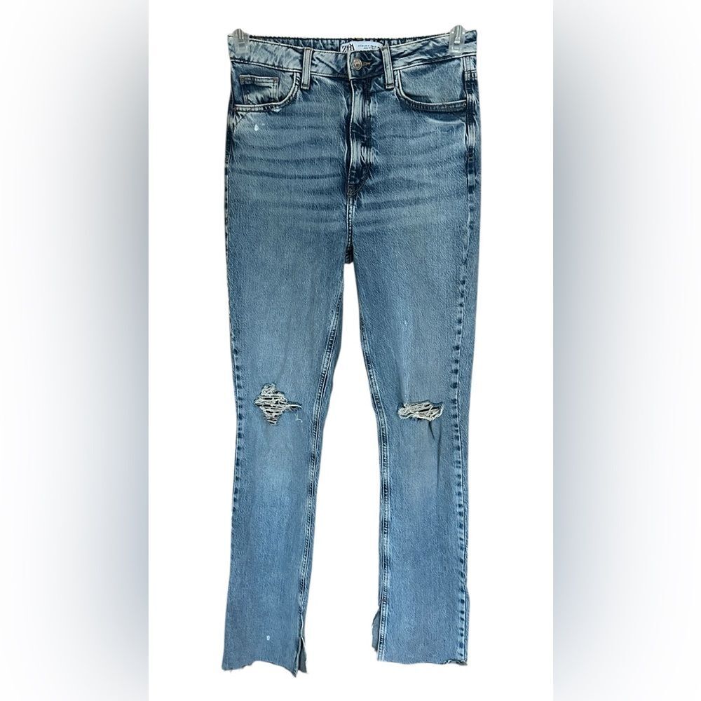 Zara Jeans Womens Blue Denim Distressed Stretch Raw Hem Small Slits at Hem. US 4 - Picture 2 of 8